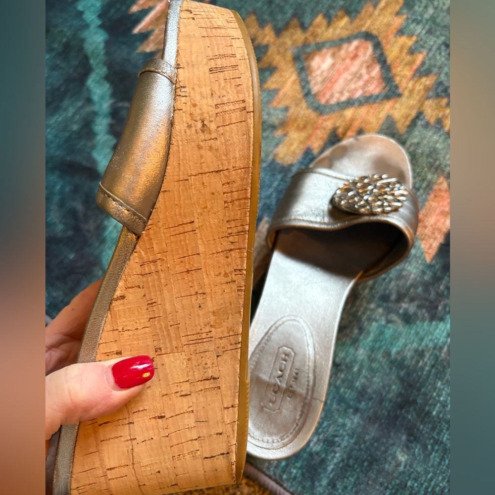 Coach Judith wedge sandals, metallic, cork heel; large signature pendant. - Picture 12 of 15